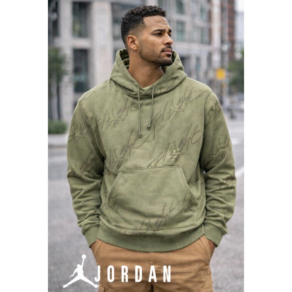 Jordan Flight Graphic All-Over Print Fleece Hoodie Olive Green Size M